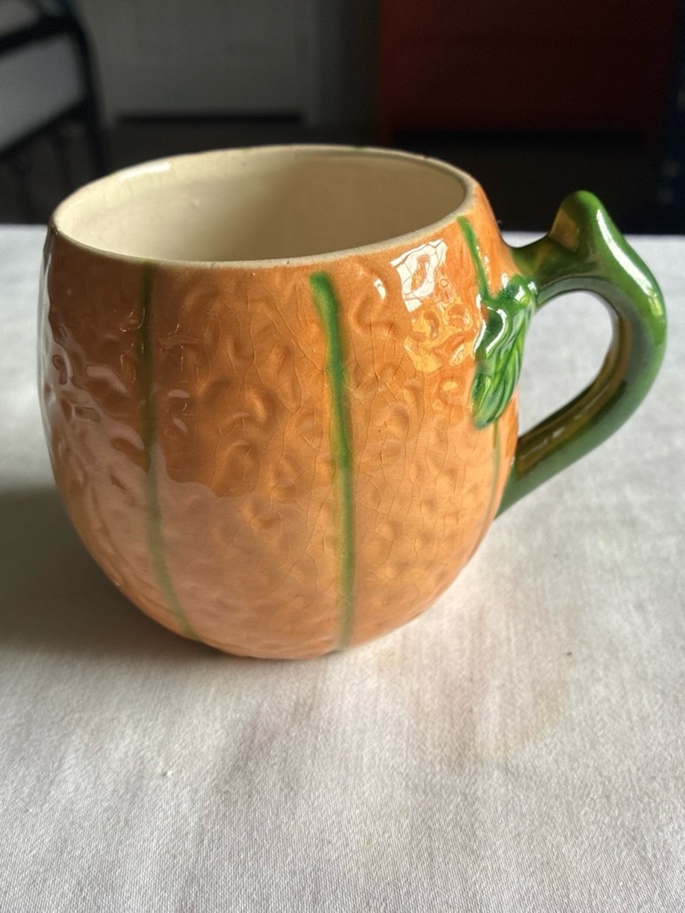 Hand-Painted Orange Ceramic Pumpkin Mug with Green Handle Rare